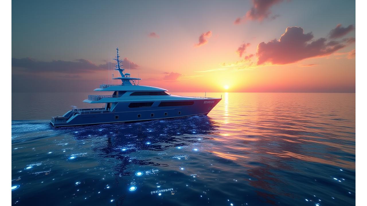 壮大な水平線の向こうに浮かぶ漁船とデータビジュアライゼーションが融合した風景。未来の持続可能な漁業を象徴するイメージ。