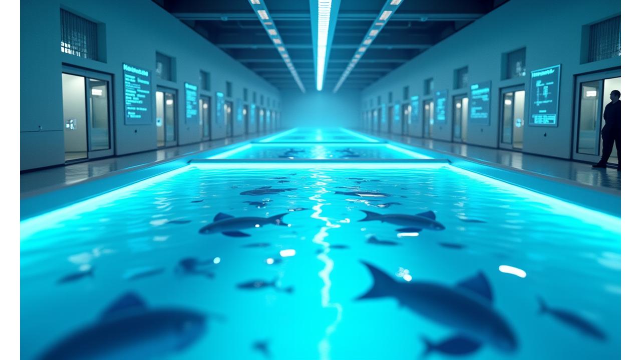 高度な養殖施設でAIとIoTを活用し魚を養殖している様子