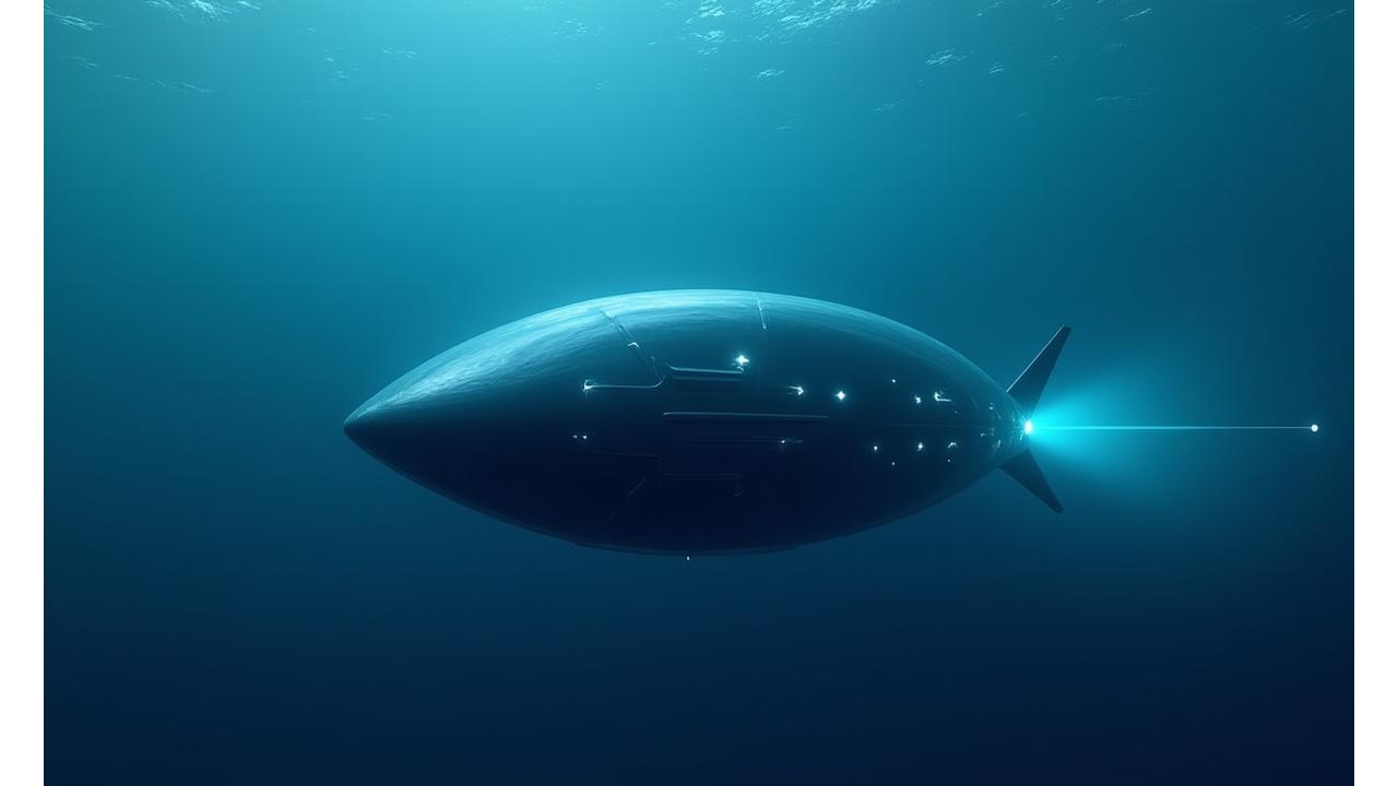 深海を航行する先進的な自律型無人潜水機（AUV）が、センサーで周囲の環境データを収集している様子