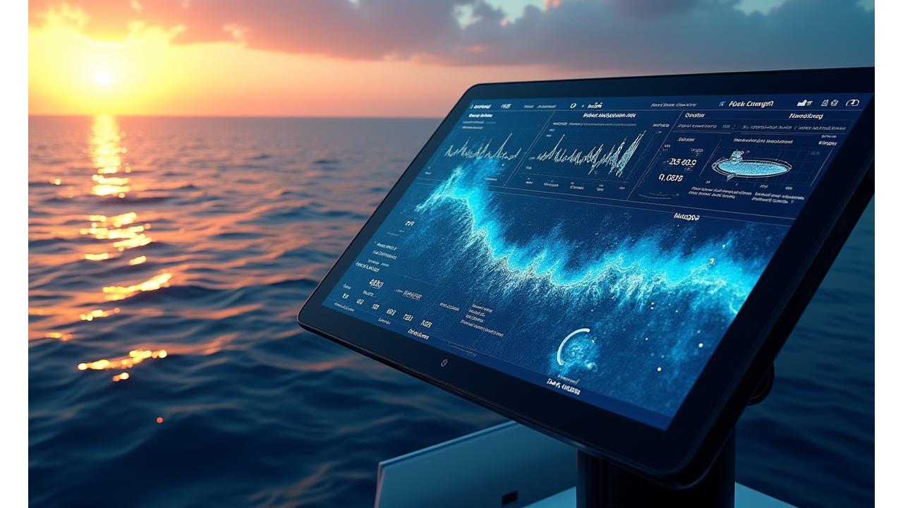 AI漁獲量最適化システムのダッシュボード表示、リアルタイムの漁場データと予測モデル
