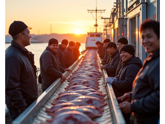 北海道の漁港での水揚げの様子