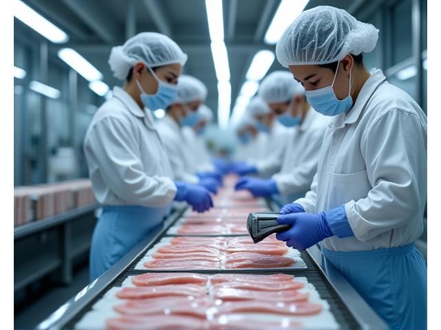 関東の水産加工工場で製品をブロックチェーンシステムに登録する作業員