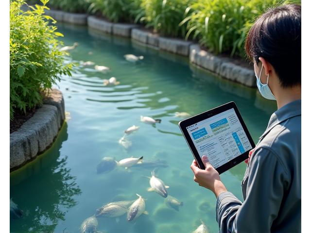 九州の養殖池で魚の健康状態をタブレットで確認する養殖事業者