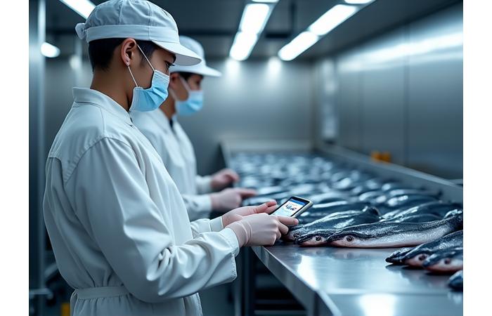 水産加工工場でQRコードをスキャンしている作業員
