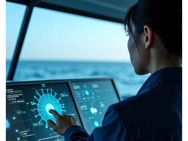 日本の漁船のデジタルダッシュボードとサイバーセキュリティの概念図。安全なデータフローが可視化されている。