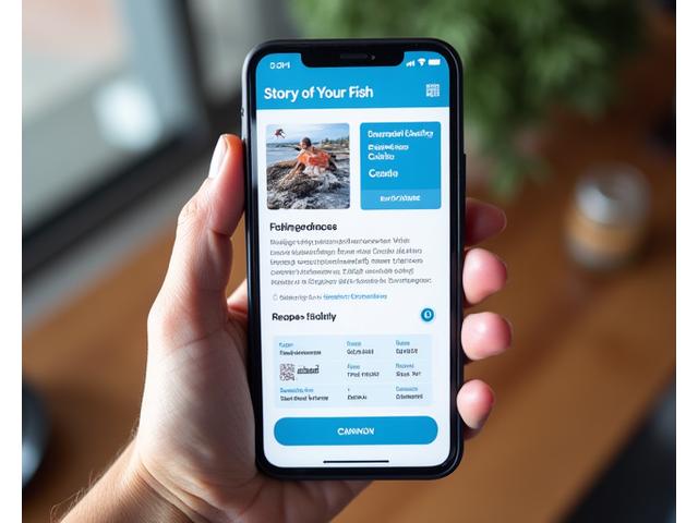 スマートフォンの画面に、QRコードをスキャンして表示された水産物の詳細情報（漁師の顔、漁獲日、漁場地図、品質情報など）が表示されているモックアップ。