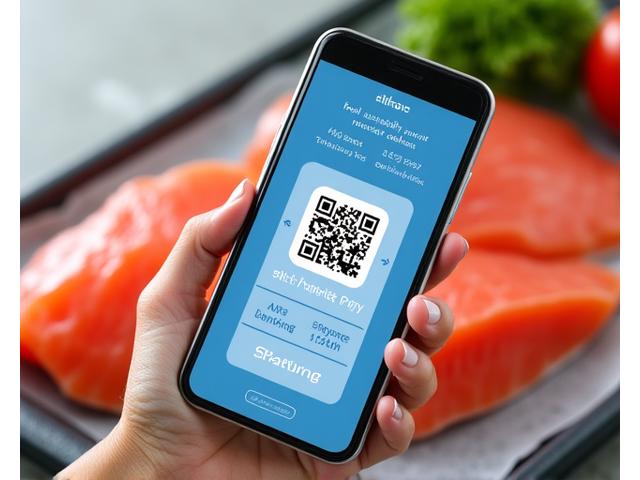 スマートフォンでQRコードをスキャンし、シーフードの情報を確認する様子