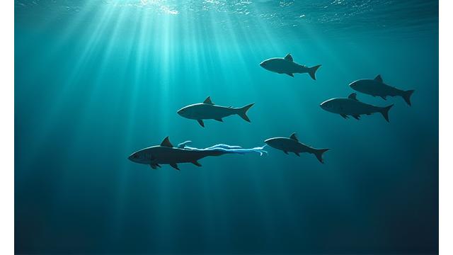 非侵襲性魚群探知機エコソナーが水中で魚群を優しく探知している画像