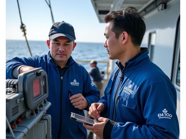 海洋ハーベストイノベーションズの技術者が漁船上で機器の設置作業を行い、漁師と協力している様子。デジタルツールと実際の機器が融合する作業風景