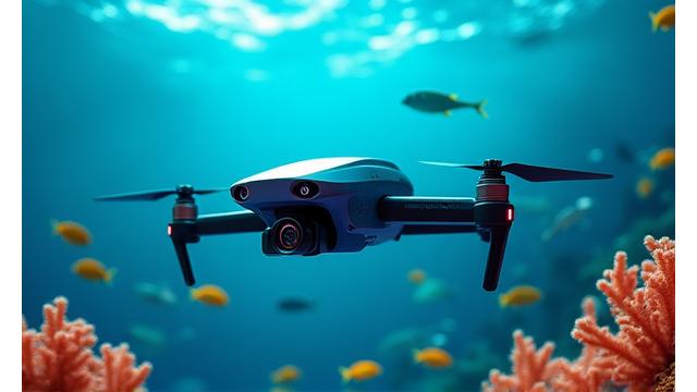 高性能水中ドローンが、海底の生態系を鮮明に撮影しながら探索している様子