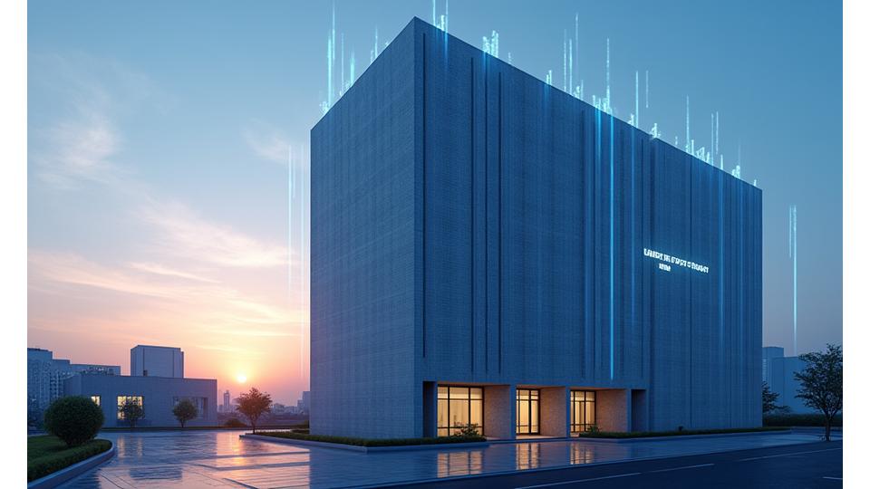 日本の裁判所の建物をデジタル表現した画像。法と秩序を象徴する光のプリズムが輝く。ブランドの青と白を基調。